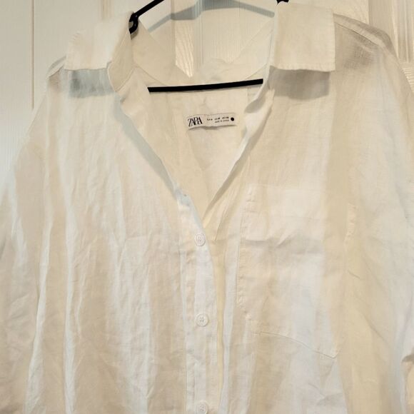 Zara Cream 100% Linen Boxy Button Up Top Size Medium - Picture 3 of 6